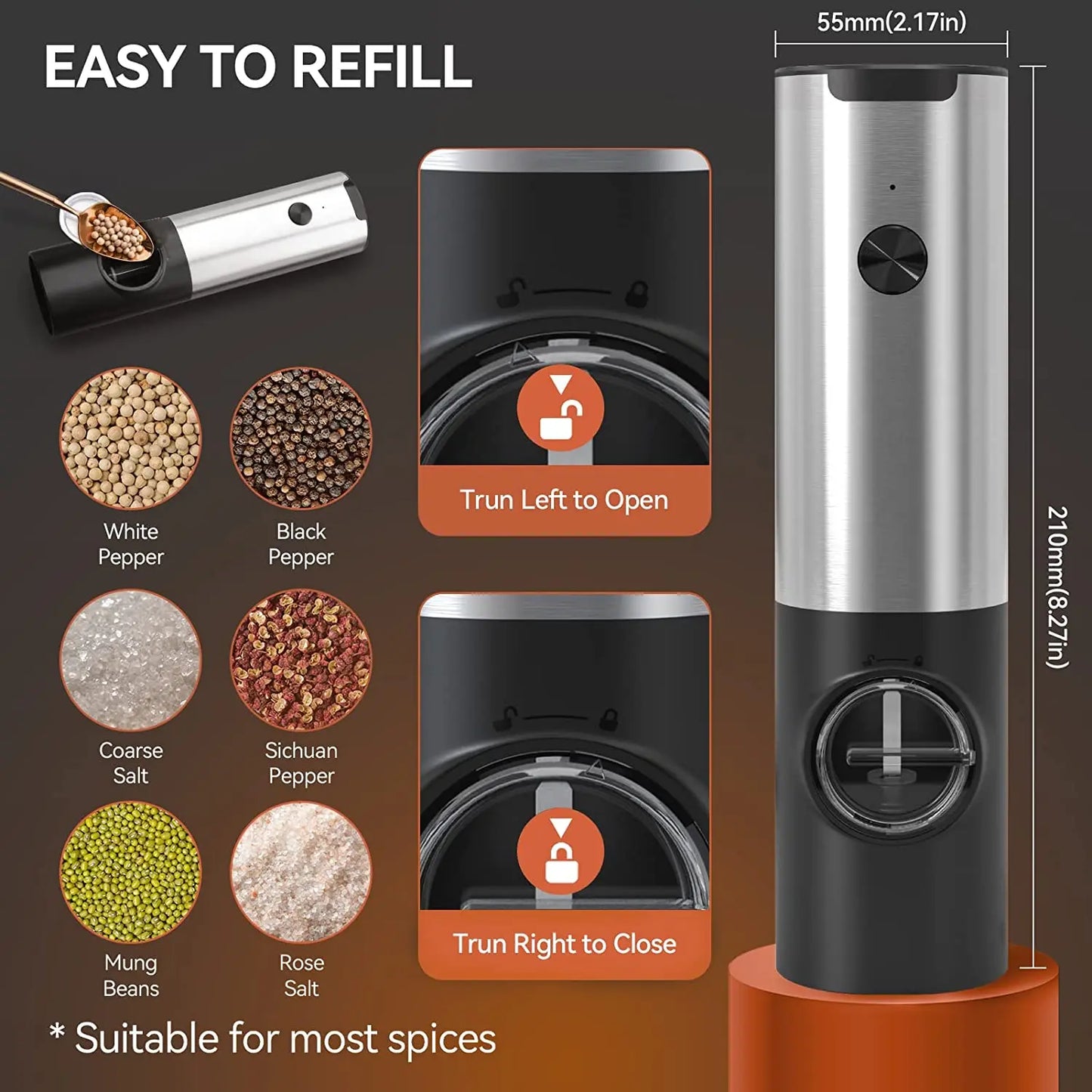 USB Rechargeable Electric Salt & Pepper Grinder